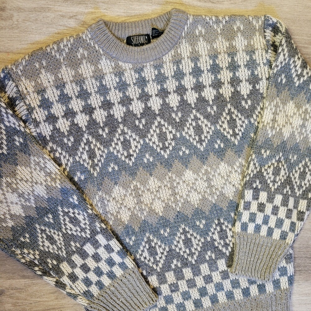 Vintage 80s 90s Stefano Medium Gray ramie acrylic Sweater Nordic Knit Pattern